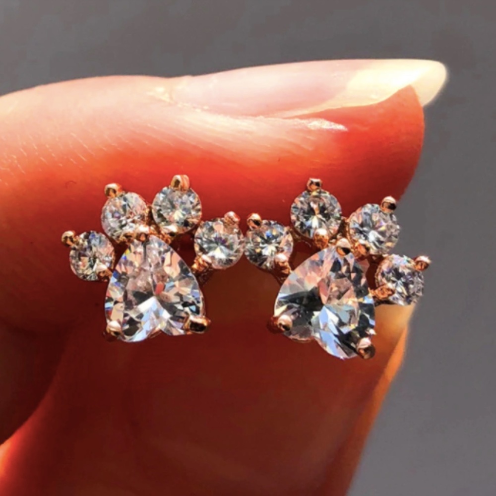 Paw Print CZ Rose Gold Animal Pet Love Earrings - Picture 9 of 9